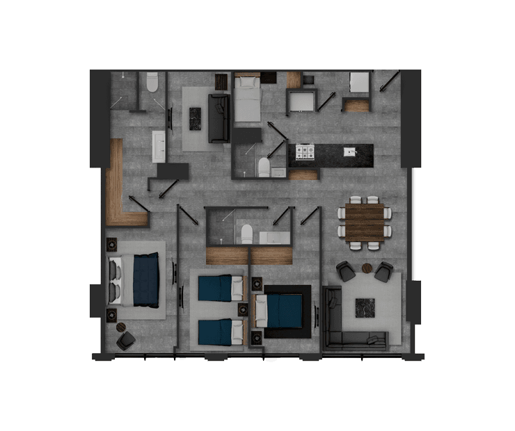 Vista aérea del diseño interior del departamento Be Gran de lujo.