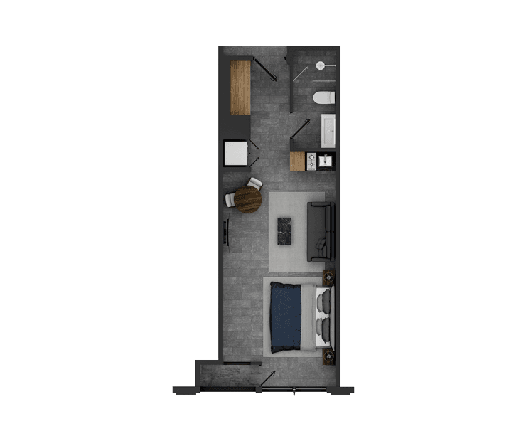 Diagrama de distribución de espacios departamentos con recamaras y baños.